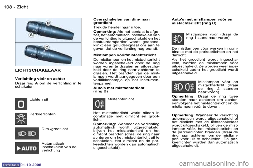 PEUGEOT 206 2005.5  Instructieboekje (in Dutch) �Z�i�c�h�t�1�0�8 �-
�0�1�-�1�0�-�2�0�0�5
�1�0�9�Z�i�c�h�t�-
�0�1�-�1�0�-�2�0�0�5
�L�I�C�H�T�S�C�H�A�K�E�L�A�A�R
�V�e�r�l�i�c�h�t�i�n�g� �v�ó�ó�r� �e�n� �a�c�h�t�e�r 
�D�r�a�a�i�  �r�i�n�g� �A�  �o�m