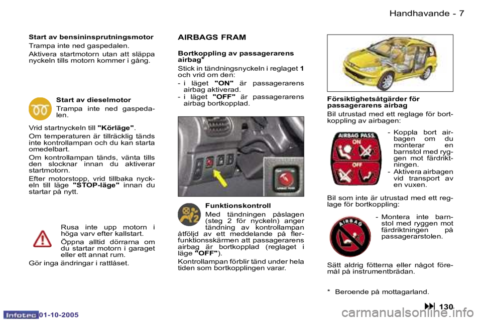 PEUGEOT 206 2005.5  Bruksanvisningar (in Swedish) �H�a�n�d�h�a�v�a�n�d�e�6 �-
�0�1�-�1�0�-�2�0�0�5
�7�H�a�n�d�h�a�v�a�n�d�e�-
�0�1�-�1�0�-�2�0�0�5
�F�ö�r�s�i�k�t�i�g�h�e�t�s�å�t�g�ä�r�d�e�r� �f�ö�r�  
�p�a�s�s�a�g�e�r�a�r�e�n�s� �a�i�r�b�a�g 
�B�