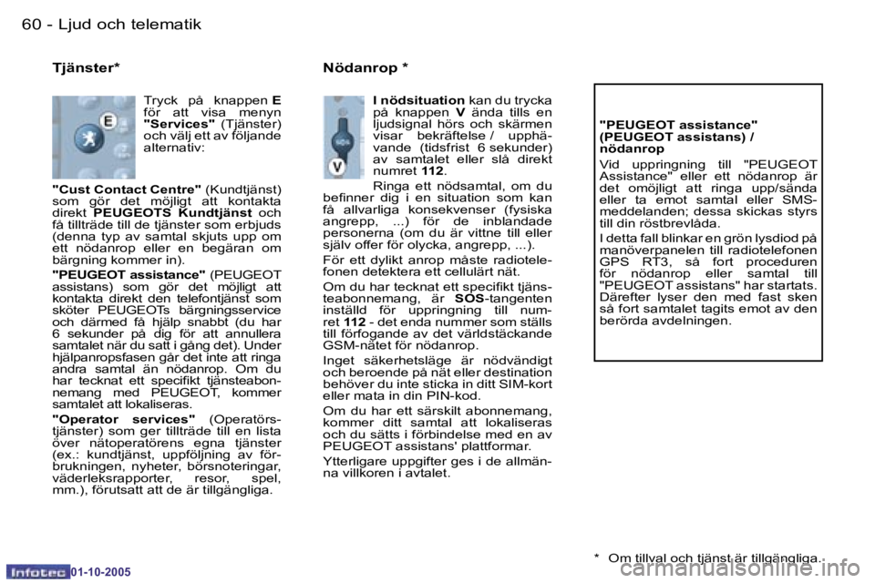 PEUGEOT 206 2005.5  Bruksanvisningar (in Swedish) �6�0 �-�L�j�u�d� �o�c�h� �t�e�l�e�m�a�t�i�k
�0�1�-�1�0�-�2�0�0�5
�6�1
�-�L�j�u�d� �o�c�h� �t�e�l�e�m�a�t�i�k
�0�1�-�1�0�-�2�0�0�5
�T�j�ä�n�s�t�e�r�*
�T�r�y�c�k�  �p�å�  �k�n�a�p�p�e�n� 
�E� 
�f�ö�r