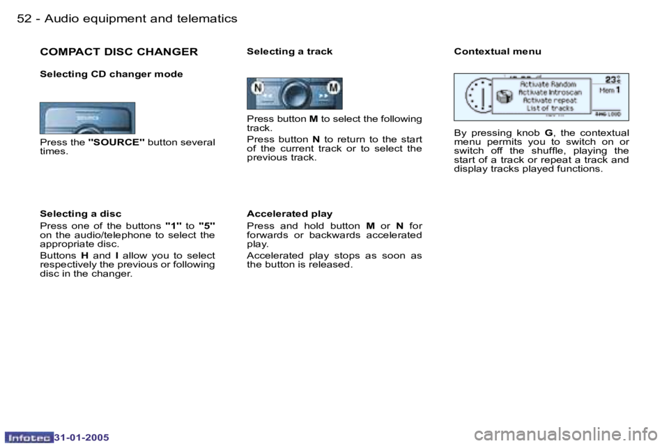 PEUGEOT 206 2004.5  Owners Manual �5�2 �-
�3�1�-�0�1�-�2�0�0�5
�5�3
�-
�3�1�-�0�1�-�2�0�0�5
�P�r�e�s�s� �b�u�t�t�o�n�  �M� �t�o� �s�e�l�e�c�t� �t�h�e� �f�o�l�l�o�w�i�n�g� 
�t�r�a�c�k�. 
�P�r�e�s�s�  �b�u�t�t�o�n�  �N�  �t�o�  �r�e�t�u