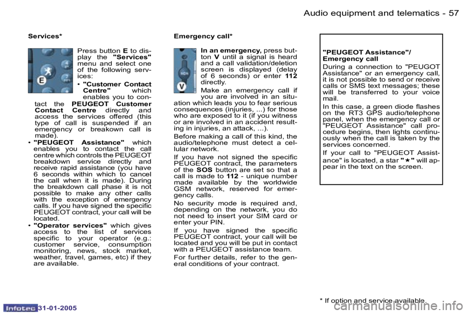 PEUGEOT 206 2004.5  Owners Manual �5�6 �-
�3�1�-�0�1�-�2�0�0�5
�5�7
�-
�3�1�-�0�1�-�2�0�0�5
�S�e�r�v�i�c�e�s�* �E�m�e�r�g�e�n�c�y� �c�a�l�l�*
�"�P�E�U�G�E�O�T� �A�s�s�i�s�t�a�n�c�e�"�/ 
�E�m�e�r�g�e�n�c�y� �c�a�l�l 
�D�u�r�i�n
