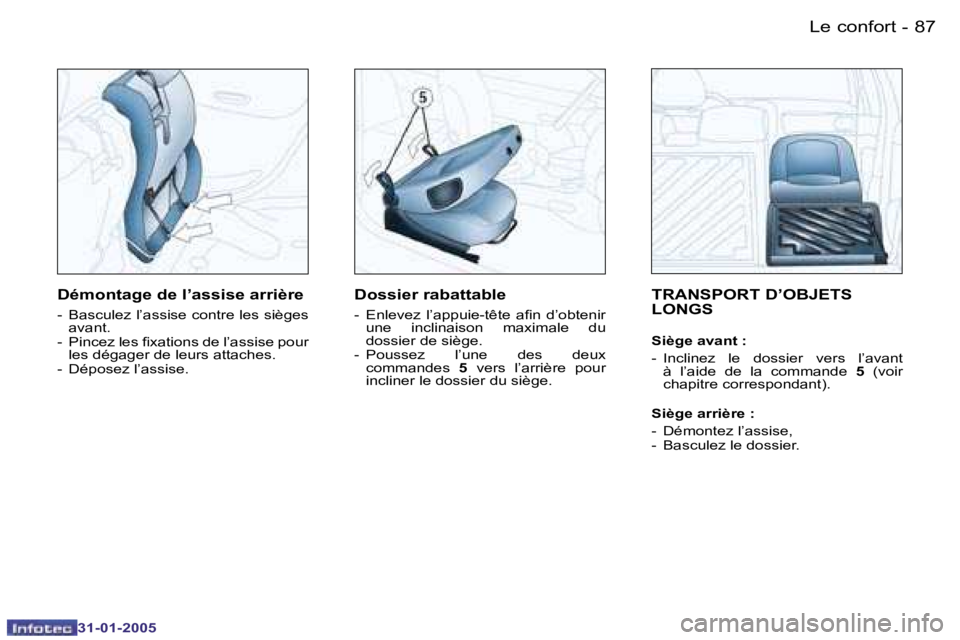 PEUGEOT 206 2004.5  Manuel du propriétaire (in French) �8�6 �-
�3�1�-�0�1�-�2�0�0�5
�8�7
�-
�3�1�-�0�1�-�2�0�0�5
�T�R�A�N�S�P�O�R�T� �D�’�O�B�J�E�T�S�  
�L�O�N�G�S
�S�i�è�g�e� �a�v�a�n�t� �: 
�-�  �I�n�c�l�i�n�e�z�  �l�e�  �d�o�s�s�i�e�r�  �v�e�r�s�  �