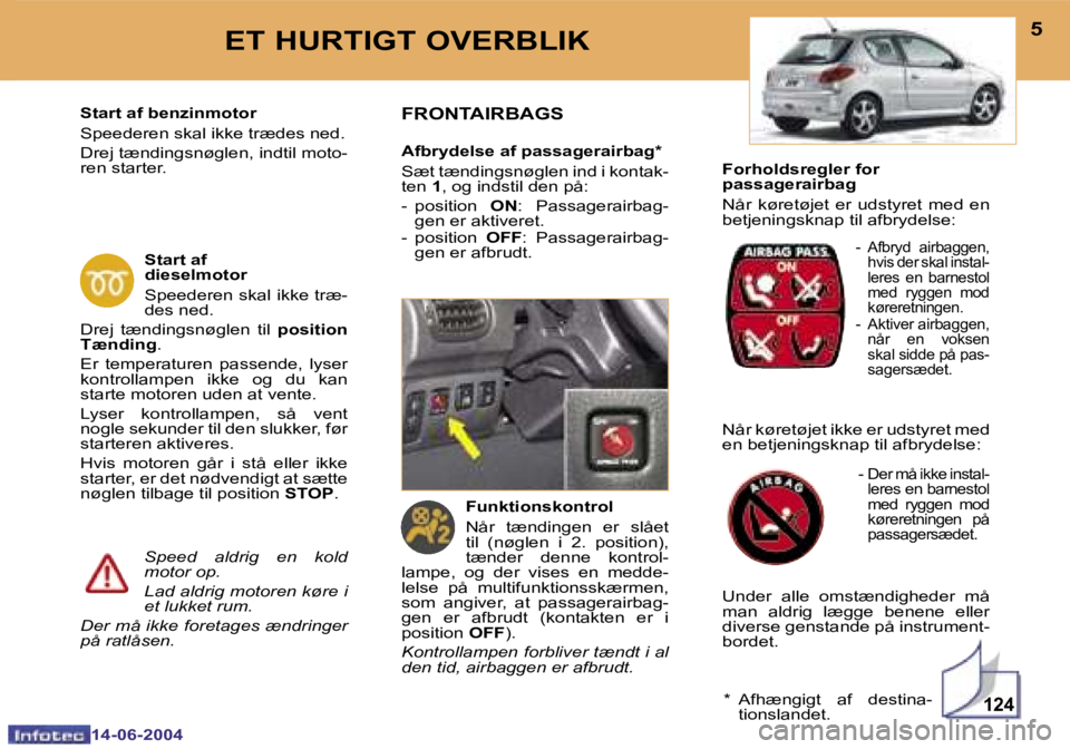 PEUGEOT 206 2004  Brugsanvisning (in Danish) �1�2�4
�4
�1�4�-�0�6�-�2�0�0�4
�5
�1�4�-�0�6�-�2�0�0�4
�E�T� �H�U�R�T�I�G�T� �O�V�E�R�B�L�I�K
�F�o�r�h�o�l�d�s�r�e�g�l�e�r� �f�o�r�  
�p�a�s�s�a�g�e�r�a�i�r�b�a�g 
�N�å�r�  �k�ø�r�e�t�ø�j�e�t�  �e�