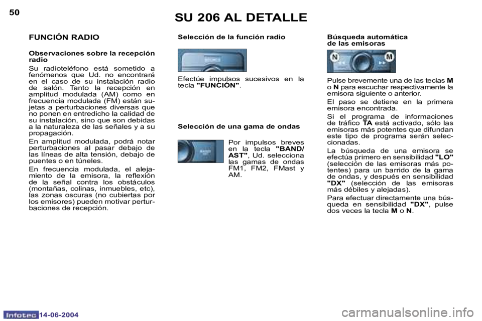 PEUGEOT 206 2004  Manual del propietario (in Spanish) �5�0
�1�4�-�0�6�-�2�0�0�4
�5�1
�1�4�-�0�6�-�2�0�0�4
�S�U� �2�0�6� �A�L� �D�E�T�A�L�L�E
�S�e�l�e�c�c�i�ó�n� �d�e� �l�a� �f�u�n�c�i�ó�n� �r�a�d�i�o �B�ú�s�q�u�e�d�a� �a�u�t�o�m�á�t�i�c�a� �d�e� �l�a