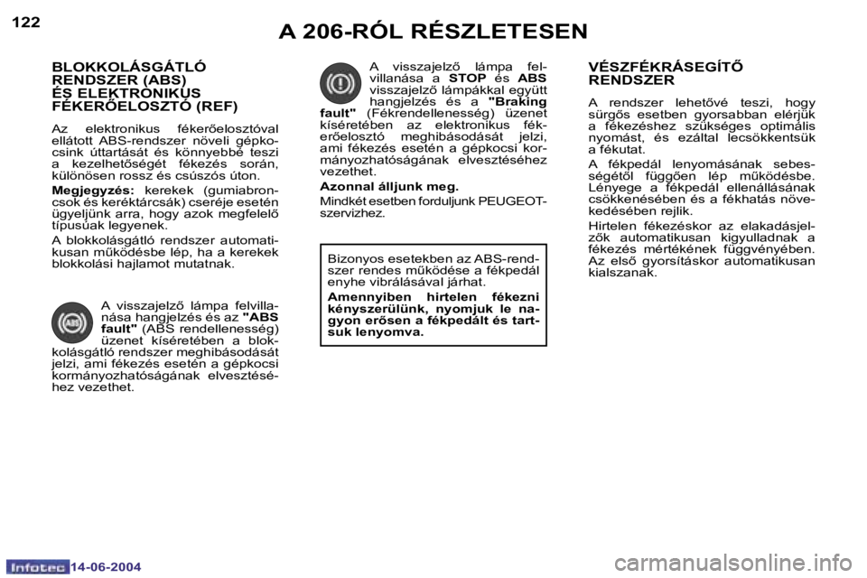 PEUGEOT 206 2004  Kezelési útmutató (in Hungarian) �1�2�2
�1�4�-�0�6�-�2�0�0�4
�1�2�3
�1�4�-�0�6�-�2�0�0�4
�B�L�O�K�K�O�L�Á�S�G�Á�T�L�Ó�  
�R�E�N�D�S�Z�E�R� �(�A�B�S�)� 
�É�S� �E�L�E�K�T�R�O�N�I�K�U�S� 
�F�É�K�E�R4�E�L�O�S�Z�T�Ó� �(�R�E�F�)
�A�
