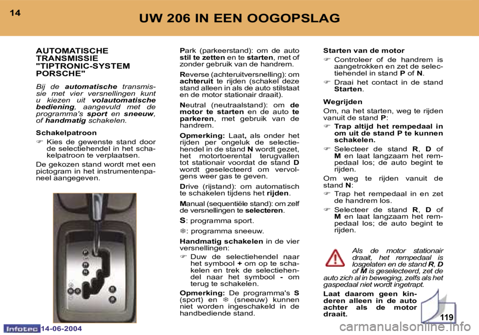 PEUGEOT 206 2004  Instructieboekje (in Dutch) �1�1�9
�1�4
�1�4�-�0�6�-�2�0�0�4
�1�5
�1�4�-�0�6�-�2�0�0�4
�U�W� �2�0�6� �I�N� �E�E�N� �O�O�G�O�P�S�L�A�G
�A�U�T�O�M�A�T�I�S�C�H�E�  
�T�R�A�N�S�M�I�S�S�I�E� 
�"�T�I�P�T�R�O�N�I�C�-�S�Y�S�T�E�M� 
