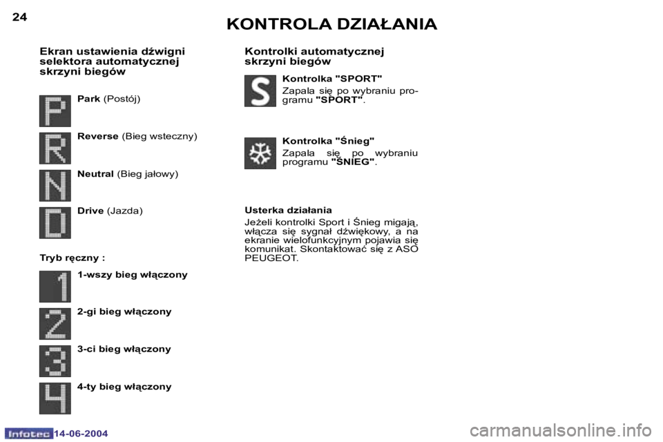 PEUGEOT 206 2004  Instrukcja obsługi (in Polish) �2�4
�1�4�-�0�6�-�2�0�0�4
�2�5
�1�4�-�0�6�-�2�0�0�4
�K�O�N�T�R�O�L�A� �D�Z�I�A�Ł�A�N�I�A
�E�k�r�a�n� �u�s�t�a�w�i�e�n�i�a� �dE�w�i�g�n�i�  
�s�e�l�e�k�t�o�r�a� �a�u�t�o�m�a�t�y�c�z�n�e�j� 
�s�k�r�z�