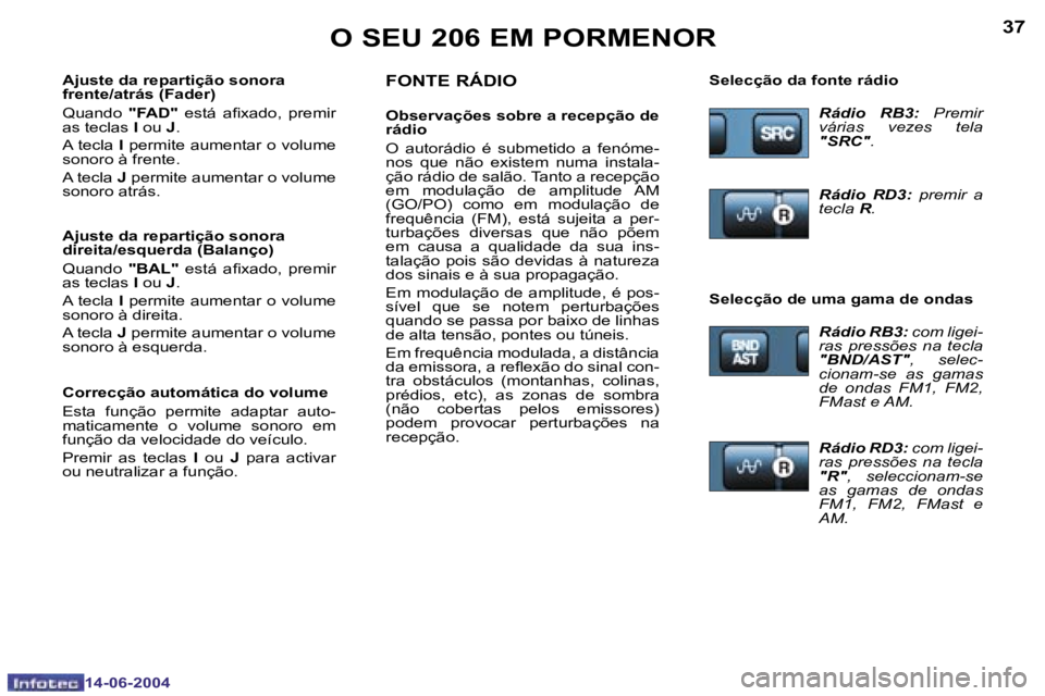 PEUGEOT 206 2004  Manual de utilização (in Portuguese) �3�6
�1�4�-�0�6�-�2�0�0�4
�3�7
�1�4�-�0�6�-�2�0�0�4
�O� �S�E�U� �2�0�6� �E�M� �P�O�R�M�E�N�O�R
�F�O�N�T�E� �R�Á�D�I�O
�O�b�s�e�r�v�a�ç�õ�e�s� �s�o�b�r�e� �a� �r�e�c�e�p�ç�ã�o� �d�e�  
�r�á�d�i�o