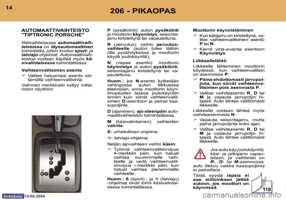 PEUGEOT 206 2004  Omistajan Käsikirja (in Finnish) �1�1�9
�1�4
�1�4�-�0�6�-�2�0�0�4
�1�5
�1�4�-�0�6�-�2�0�0�4
�2�0�6� �-� �P�I�K�A�O�P�A�S
�A�U�T�O�M�A�A�T�T�I�V�A�I�H�T�E�I�S�T�O�  
�"�T�I�P�T�R�O�N�I�C� �P�O�R�S�C�H�E�"
�N�e�l�i�v�a�i�h�t�e�