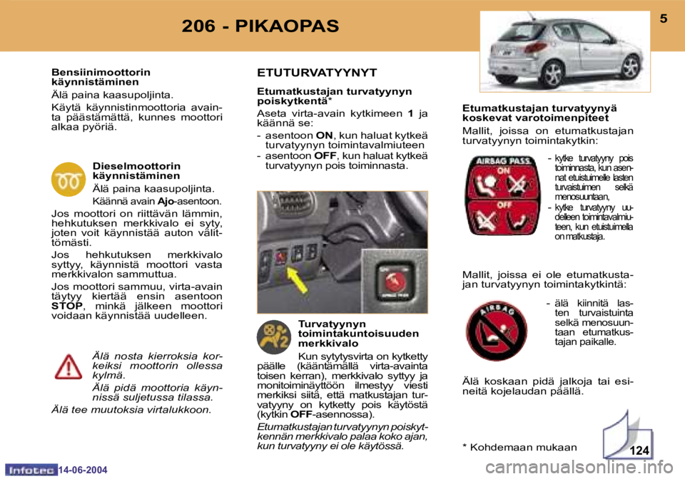 PEUGEOT 206 2004  Omistajan Käsikirja (in Finnish) �1�2�4
�4
�1�4�-�0�6�-�2�0�0�4
�5
�1�4�-�0�6�-�2�0�0�4
�2�0�6� �-� �P�I�K�A�O�P�A�S
�E�t�u�m�a�t�k�u�s�t�a�j�a�n� �t�u�r�v�a�t�y�y�n�y�ä�  
�k�o�s�k�e�v�a�t� �v�a�r�o�t�o�i�m�e�n�p�i�t�e�e�t 
�M�a�l�