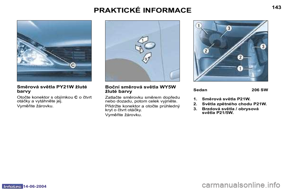 PEUGEOT 206 2004  Návod na použití (in Czech) �1�4�2
�1�4�-�0�6�-�2�0�0�4
�1�4�3
�1�4�-�0�6�-�2�0�0�4
�P�R�A�K�T�I�C�K�É� �I�N�F�O�R�M�A�C�E
�S�m)�r�o�v�á� �s�v)�t�l�a� �P�Y�2�1�W� �ž�l�u�t�é�  
�b�a�r�v�y
�O�t�o�č�t�e� �k�o�n�e�k�t�o�r� �
