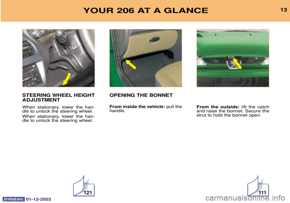 PEUGEOT 206 2003.5  Owners Manual 01-12-2003
13
121111
YOUR 206 AT A GLANCE
STEERING WHEEL HEIGHT ADJUSTMENT 
&	 

$ 
)	
 &	 & 
	

&			
)&		 
&	 

$ 
)	
 &	 & 
	

