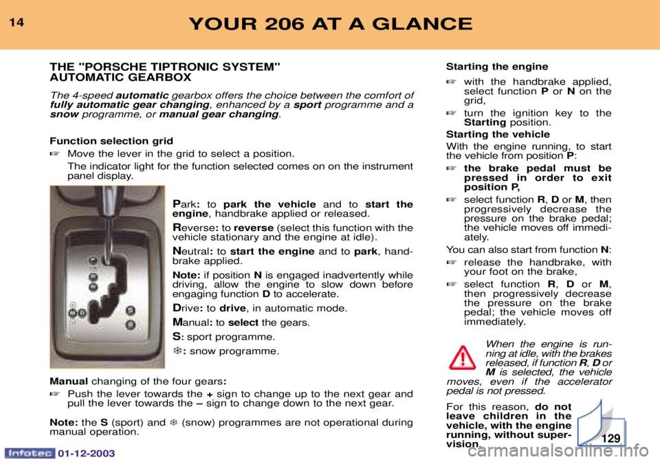 PEUGEOT 206 2003.5 Owners Manual 129
YOUR 206 AT A GLANCE14THE "PORSCHE TIPTRONIC SYSTEM"
AUTOMATIC GEARBOX The 4-speed
gearbox offers the choice between the comfort of
, enhanced by a
pr PEUGEOT 206 2003.5 Owners Manual 129
YOUR 206 AT A GLANCE14THE "PORSCHE TIPTRONIC SYSTEM"
AUTOMATIC GEARBOX The 4-speed
gearbox offers the choice between the comfort of
, enhanced by a
pr