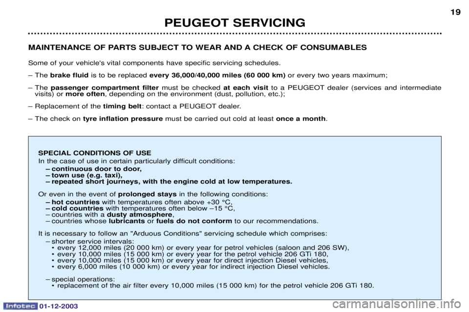 PEUGEOT 206 2003.5  Owners Manual 01-12-2003
MAINTENANCE OF PARTS SUBJECT TO WEAR AND A CHECK OF CONSUMABLES 
)
"
 
E
"%
% 
> &brake fluid 
	% every 36,0