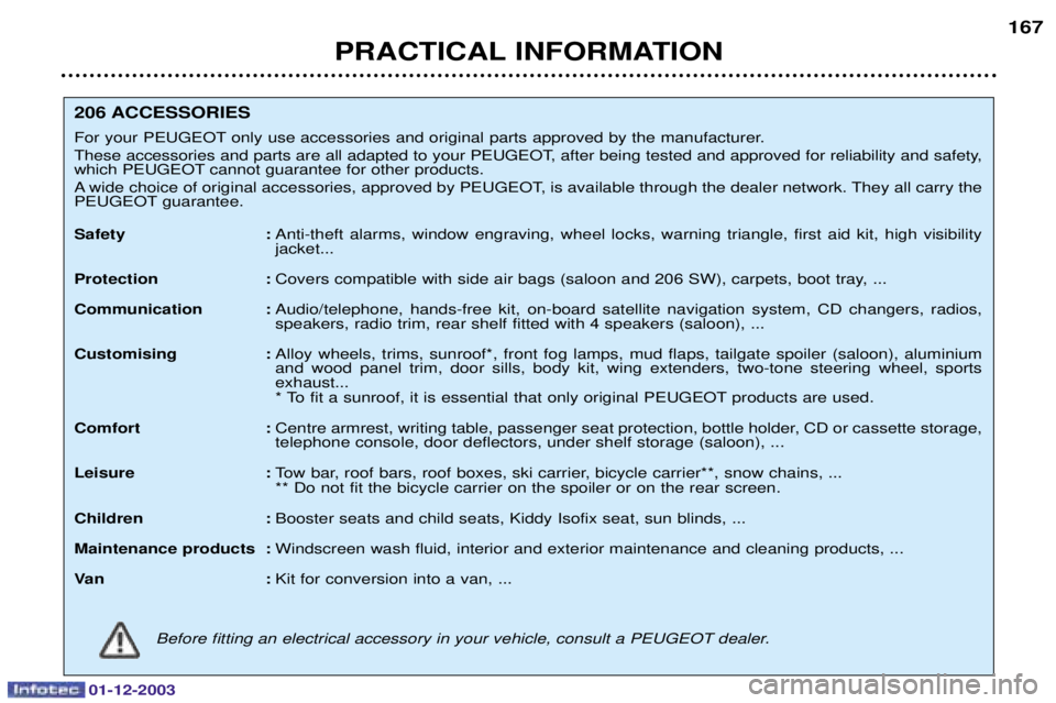 PEUGEOT 206 2003.5  Owners Manual 01-12-2003
PRACTICAL INFORMATION167
206 ACCESSORIES  
8)*) ! 







	

 
!	









)*) 