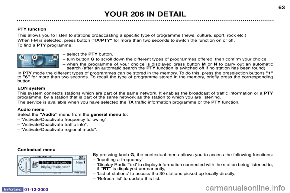PEUGEOT 206 2003.5  Owners Manual 01-12-2003
YOUR 206 IN DETAIL63
PTY function  
&		
	
	
		
---" 
=
;6	-
 "TA