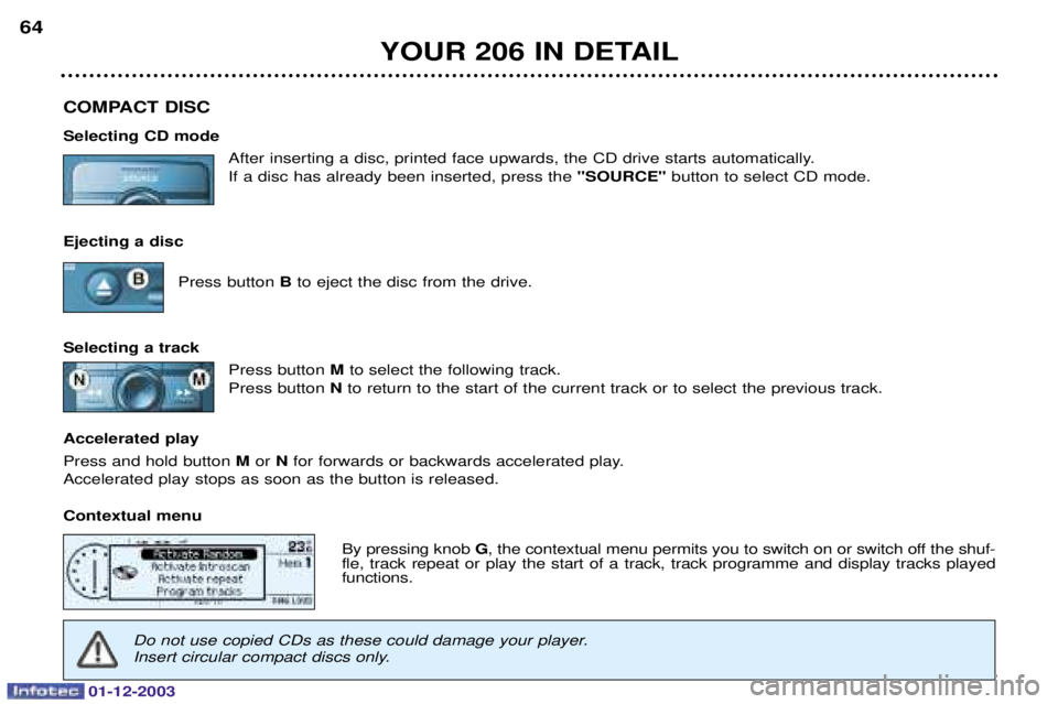 PEUGEOT 206 2003.5  Owners Manual 01-12-2003
YOUR 206 IN DETAIL
64
COMPACT DISC Selecting CD mode 	
	
	-	
-#		 

	
	
- "SOURC