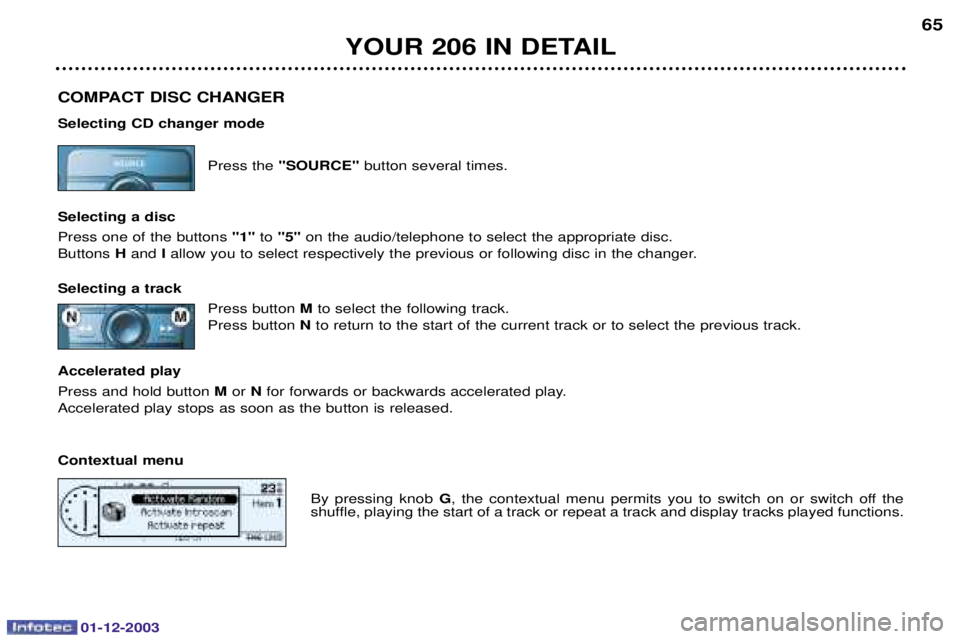 PEUGEOT 206 2003.5  Owners Manual 01-12-2003
YOUR 206 IN DETAIL65
COMPACT DISC CHANGER Selecting CD changer mode "SOURCE" 
	
Selecting a disc 


 "1""5" 
	$
