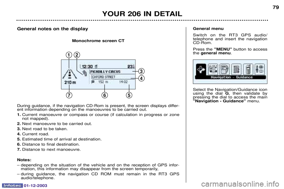 PEUGEOT 206 2003.5  Owners Manual 01-12-2003
YOUR 206 IN DETAIL79
,

.		

#;	

 

 
 	 G 

 		
 

 
 	 
 	 
 	
"Navigation - Guidance" 

General menu 
,

