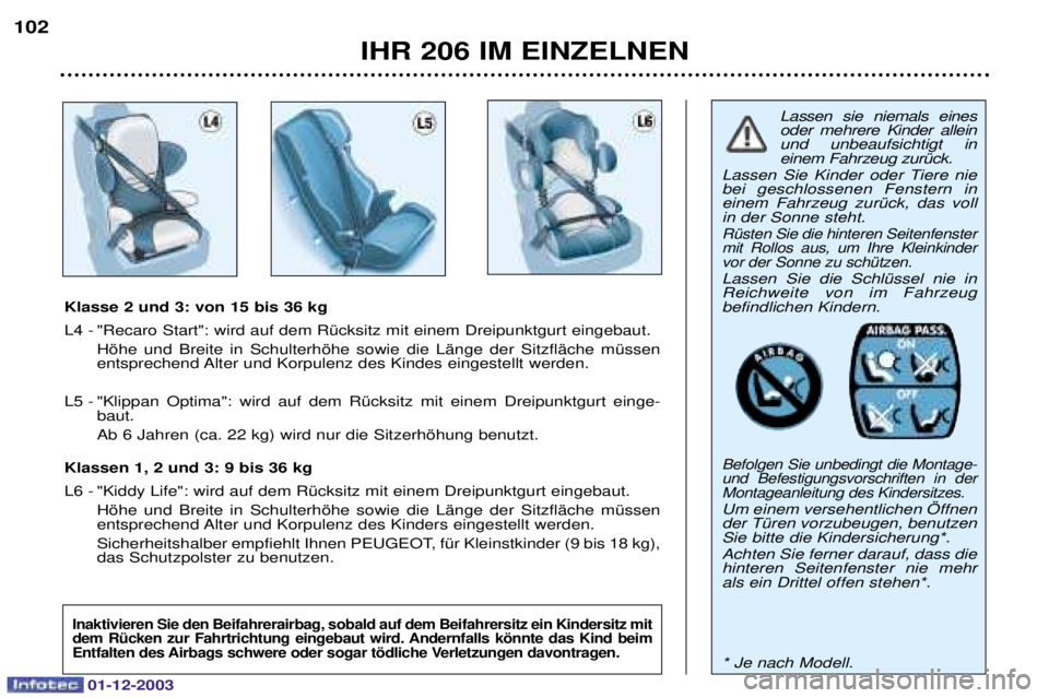 PEUGEOT 206 2003.5 Betriebsanleitungen (in German) 01-12-2003
IHR 206 IM EINZELNEN
102
Lassen sie niemals eines oder mehrere Kinder alleinund unbeaufsichtigt ineinem Fahrzeug zurŸck.
Lassen Sie Kinder oder Tiere niebei geschlossenen Fenstern ineinem PEUGEOT 206 2003.5 Betriebsanleitungen (in German) 01-12-2003
IHR 206 IM EINZELNEN
102
Lassen sie niemals eines oder mehrere Kinder alleinund unbeaufsichtigt ineinem Fahrzeug zurŸck.
Lassen Sie Kinder oder Tiere niebei geschlossenen Fenstern ineinem