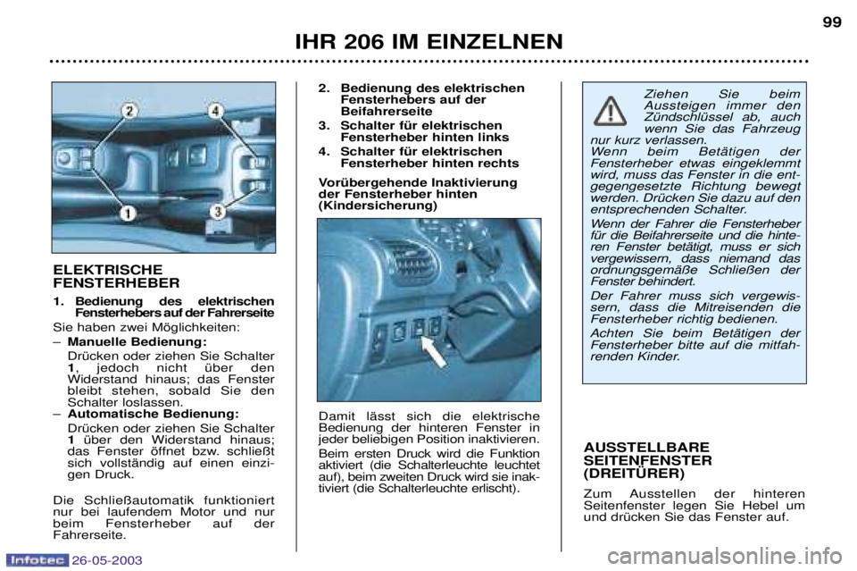 PEUGEOT 206 2003 Betriebsanleitungen (in German) 26-05-2003
IHR 206 IM EINZELNEN99
AUSSTELLBARE SEITENFENSTER(DREIT†RER)
Zum Ausstellen der hinteren Seitenfenster legen Sie Hebel umund drŸcken Sie das Fenster auf.
ELEKTRISCHE FENSTERHEBER
1. PEUGEOT 206 2003 Betriebsanleitungen (in German) 26-05-2003
IHR 206 IM EINZELNEN99
AUSSTELLBARE SEITENFENSTER(DREIT†RER)
Zum Ausstellen der hinteren Seitenfenster legen Sie Hebel umund drŸcken Sie das Fenster auf.
ELEKTRISCHE FENSTERHEBER
1.