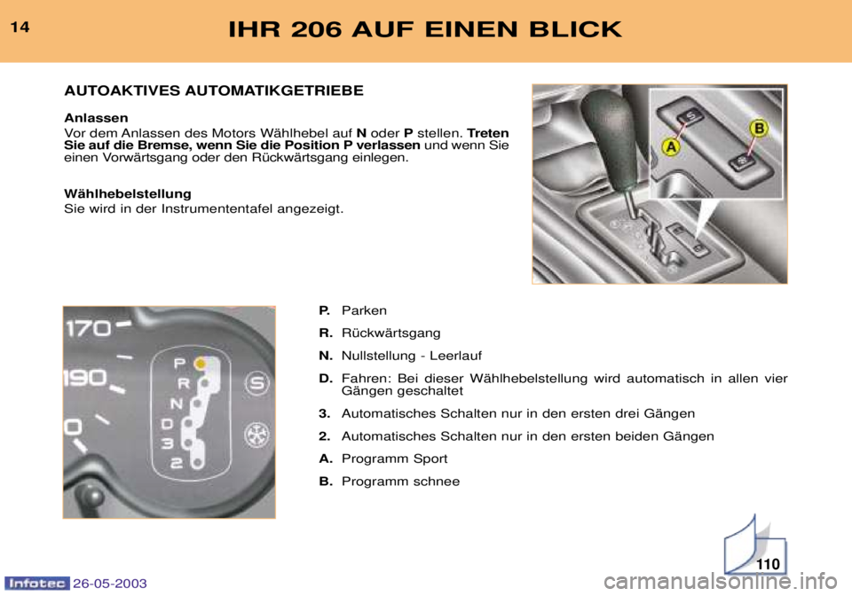 PEUGEOT 206 2003  Betriebsanleitungen (in German) 26-05-2003
11 0
IHR 206 AUF EINEN BLICK14P.Parken
R. RŸckwŠrtsgang
N. Nullstellung - Leerlauf
D. Fahren: Bei dieser WŠhlhebelstellung wird automatisch in allen vier GŠngen geschaltet
3. Automatisc