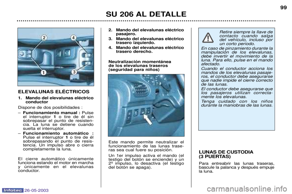 PEUGEOT 206 2003 Manual del propietario (in Spanish) 26-05-2003
SU 206 AL DETALLE99
LUNAS DE CUSTODIA
(3 PUERTAS) Para entreabrir las lunas traseras, bascule la palanca y despuŽs empujela luna.
ELEVALUNAS ELƒCTRICOS
1. Mando del elevalunas elŽctric PEUGEOT 206 2003 Manual del propietario (in Spanish) 26-05-2003
SU 206 AL DETALLE99
LUNAS DE CUSTODIA
(3 PUERTAS) Para entreabrir las lunas traseras, bascule la palanca y despuŽs empujela luna.
ELEVALUNAS ELƒCTRICOS
1. Mando del elevalunas elŽctric