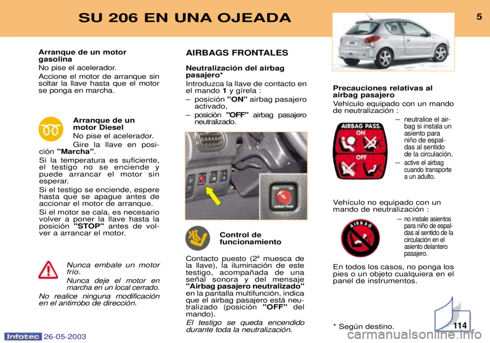 PEUGEOT 206 2003 Manual del propietario (in Spanish) Precauciones relativas al airbag pasajero
Veh’culo equipado con un mando de neutralizaci—n :Ð
neutralice el air-bag si instala unasiento parani–o de espal-das al sentidode la circulaci—n,
Ð PEUGEOT 206 2003 Manual del propietario (in Spanish) Precauciones relativas al airbag pasajero
Veh’culo equipado con un mando de neutralizaci—n :Ð
neutralice el air-bag si instala unasiento parani–o de espal-das al sentidode la circulaci—n,
Ð