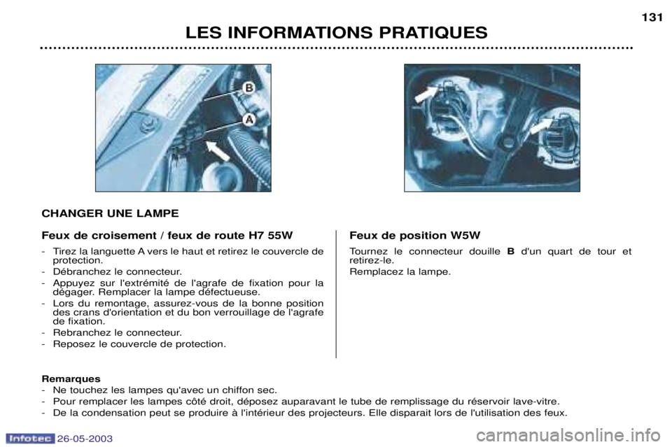 PEUGEOT 206 2003  Manuel du propriétaire (in French) 26-05-2003
LES INFORMATIONS PRATIQUES131
Feux de croisement / feux de route H7 55W 
- Tirez la languette A vers le haut et retirez le couvercle de protection.
- DŽbranchez le connecteur. 
- Appuyez s
