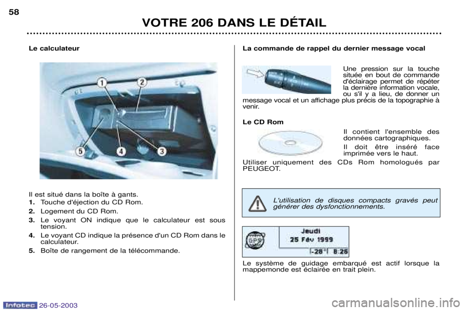PEUGEOT 206 2003  Manuel du propriétaire (in French) 26-05-2003
Le calculateur Il est situŽ dans la bo”te ˆ gants. 1.Touche dŽjection du CD Rom.
2. Logement du CD Rom.
3. Le voyant ON indique que le calculateur est sous  tension.
4. Le voyant CD i
