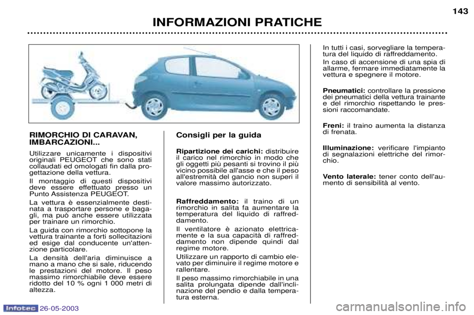 PEUGEOT 206 2003 Manuale duso (in Italian) 26-05-2003
INFORMAZIONI PRATICHE143
RIMORCHIO DI CARAVAN, IMBARCAZIONI... Utilizzare unicamente i dispositivi
originali PEUGEOT che sono staticollaudati ed omologati fin dalla pro-gettazione della ve PEUGEOT 206 2003 Manuale duso (in Italian) 26-05-2003
INFORMAZIONI PRATICHE143
RIMORCHIO DI CARAVAN, IMBARCAZIONI... Utilizzare unicamente i dispositivi
originali PEUGEOT che sono staticollaudati ed omologati fin dalla pro-gettazione della ve