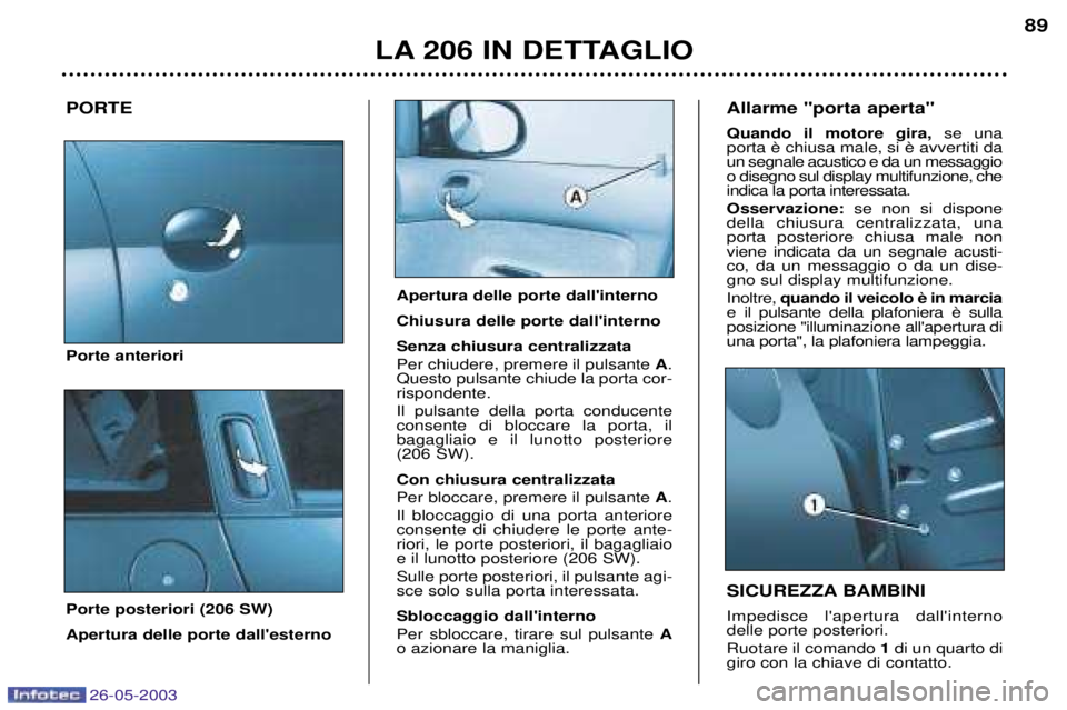 PEUGEOT 206 2003  Manuale duso (in Italian) 26-05-2003
LA 206 IN DETTAGLIO89
PORTE Porte anteriori Porte posteriori (206 SW) Apertura delle porte dallesterno SICUREZZA BAMBINI Impedisce lapertura dallinterno delle porte posteriori. Ruotare i