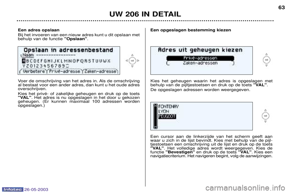 PEUGEOT 206 2003  Instructieboekje (in Dutch) 26-05-2003
UW 206 IN DETAIL
Een adres opslaan Bij het invoeren van een nieuw adres kunt u dit opslaan met behulp van de functie "Opslaan".Een opgeslagen bestemming kiezen
Voer de omschrijving van het 