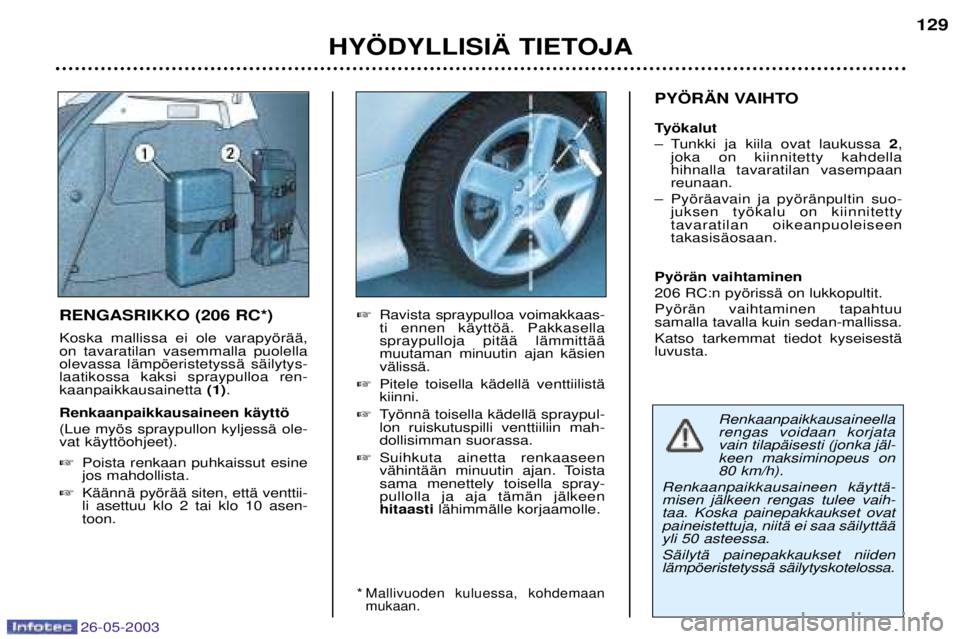 PEUGEOT 206 2003 Omistajan Käsikirja (in Finnish) 26-05-2003
HY…DYLLISI€ TIETOJA
129
PY…R€N VAIHTO
Tyškalut
Ð Tunkki ja kiila ovat laukussa 2,
joka on kiinnitetty kahdella hihnalla tavaratilan vasempaanreunaan.
Ð PyšrŠavain ja pyšrŠ PEUGEOT 206 2003 Omistajan Käsikirja (in Finnish) 26-05-2003
HY…DYLLISI€ TIETOJA
129
PY…R€N VAIHTO
Tyškalut
Ð Tunkki ja kiila ovat laukussa 2,
joka on kiinnitetty kahdella hihnalla tavaratilan vasempaanreunaan.
Ð PyšrŠavain ja pyšrŠ