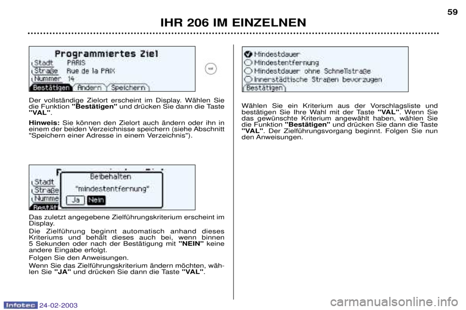 PEUGEOT 206 2002.5 Betriebsanleitungen (in German) 24-02-2003
IHR 206 IM EINZELNEN59
Der vollstŠndige Zielort erscheint im Display. WŠhlen Sie die Funktion
"BestŠtigen" und drŸcken Sie dann die Taste
"VAL" .
Hinweis: Sie kšnnen den Zielort auch PEUGEOT 206 2002.5 Betriebsanleitungen (in German) 24-02-2003
IHR 206 IM EINZELNEN59
Der vollstŠndige Zielort erscheint im Display. WŠhlen Sie die Funktion
"BestŠtigen" und drŸcken Sie dann die Taste
"VAL" .
Hinweis: Sie kšnnen den Zielort auch