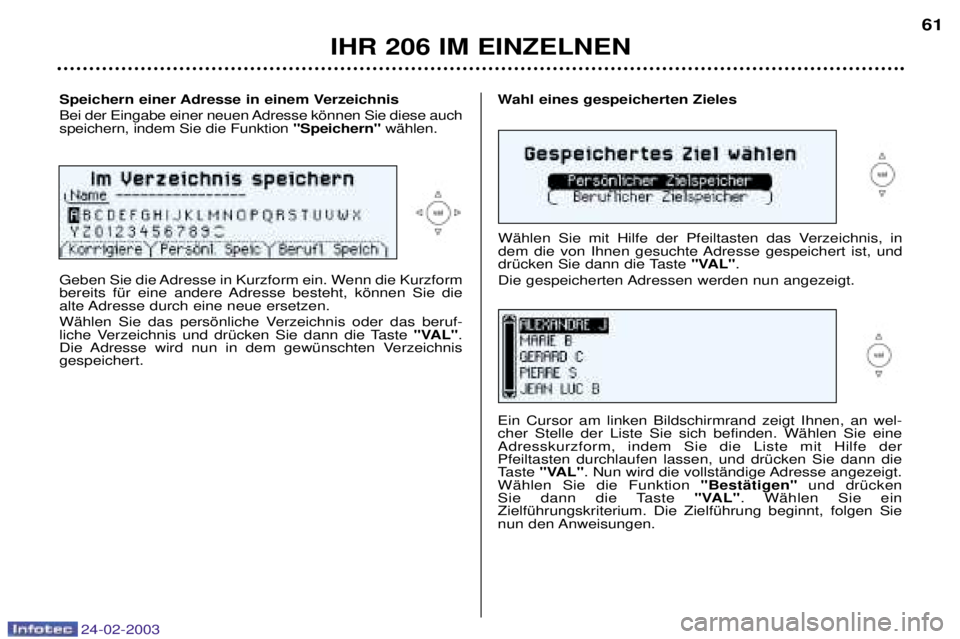 PEUGEOT 206 2002.5 Betriebsanleitungen (in German) 24-02-2003
IHR 206 IM EINZELNEN
Speichern einer Adresse in einem Verzeichnis
Bei der Eingabe einer neuen Adresse kšnnen Sie diese auch speichern, indem Sie die Funktion "Speichern"wŠhlen.Wahl eines PEUGEOT 206 2002.5 Betriebsanleitungen (in German) 24-02-2003
IHR 206 IM EINZELNEN
Speichern einer Adresse in einem Verzeichnis
Bei der Eingabe einer neuen Adresse kšnnen Sie diese auch speichern, indem Sie die Funktion "Speichern"wŠhlen.Wahl eines