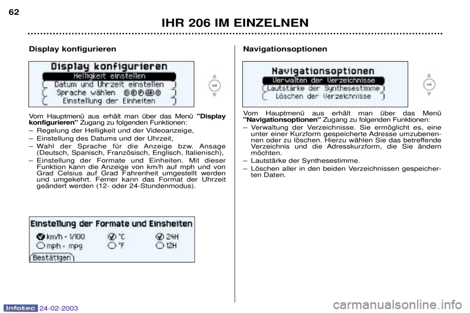 PEUGEOT 206 2002.5 Betriebsanleitungen (in German) 24-02-2003
IHR 206 IM EINZELNEN
62
Display konfigurieren
Vom HauptmenŸ aus erhŠlt man Ÿber das MenŸ
"Display
konfigurieren" Zugang zu folgenden Funktionen:
Ð Regelung der Helligkeit und der Vid PEUGEOT 206 2002.5 Betriebsanleitungen (in German) 24-02-2003
IHR 206 IM EINZELNEN
62
Display konfigurieren
Vom HauptmenŸ aus erhŠlt man Ÿber das MenŸ
"Display
konfigurieren" Zugang zu folgenden Funktionen:
Ð Regelung der Helligkeit und der Vid