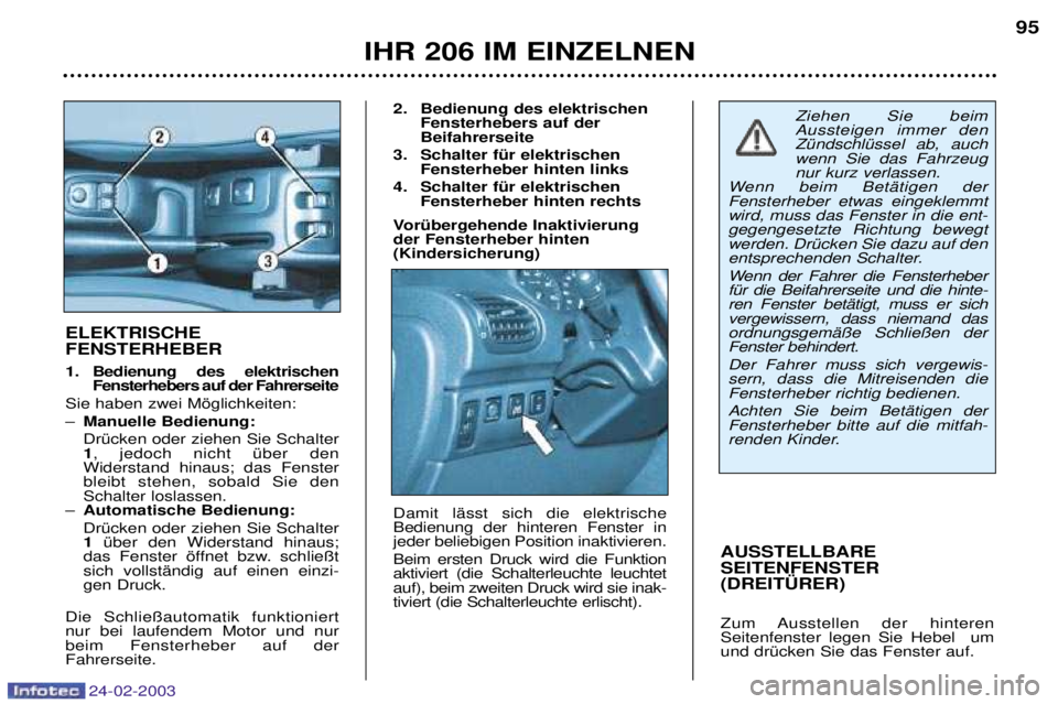 PEUGEOT 206 2002.5 Betriebsanleitungen (in German) 24-02-2003
IHR 206 IM EINZELNEN95
AUSSTELLBARE SEITENFENSTER(DREIT†RER)
Zum Ausstellen der hinteren Seitenfenster legen Sie Hebel umund drŸcken Sie das Fenster auf.
ELEKTRISCHE FENSTERHEBER
1. PEUGEOT 206 2002.5 Betriebsanleitungen (in German) 24-02-2003
IHR 206 IM EINZELNEN95
AUSSTELLBARE SEITENFENSTER(DREIT†RER)
Zum Ausstellen der hinteren Seitenfenster legen Sie Hebel umund drŸcken Sie das Fenster auf.
ELEKTRISCHE FENSTERHEBER
1.