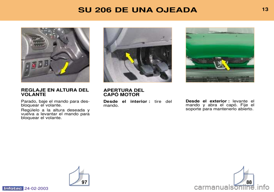 PEUGEOT 206 2002.5  Manual del propietario (in Spanish) 24-02-2003
13VOTRE 307 EN UN COUP DÕÎIL
9788
13SU 206 DE UNA OJEADA
REGLAJE EN ALTURA DEL VOLANTE Parado, baje el mando para des- bloquear el volante. Regœlelo a la altura deseada y vuelva a levant