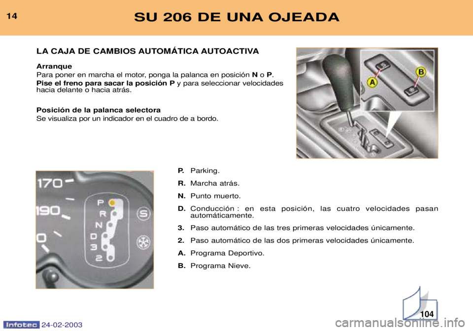 PEUGEOT 206 2002.5  Manual del propietario (in Spanish) 24-02-2003
104
SU 206 DE UNA OJEADA14P.Parking.
R. Marcha atr‡s.
N. Punto muerto.
D. Conducci—n : en esta posici—n, las cuatro velocidades pasan  autom‡ticamente.
3. Paso autom‡tico de las t