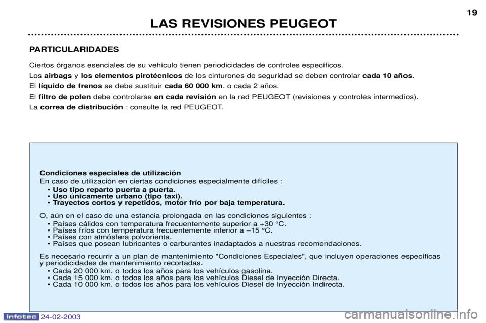 PEUGEOT 206 2002.5  Manual del propietario (in Spanish) 24-02-2003
PARTICULARIDADES Ciertos —rganos esenciales de su veh’culo tienen periodicidades de controles espec’ficos. Los airbags y los elementos pirotŽcnicos de los cinturones de seguridad se 