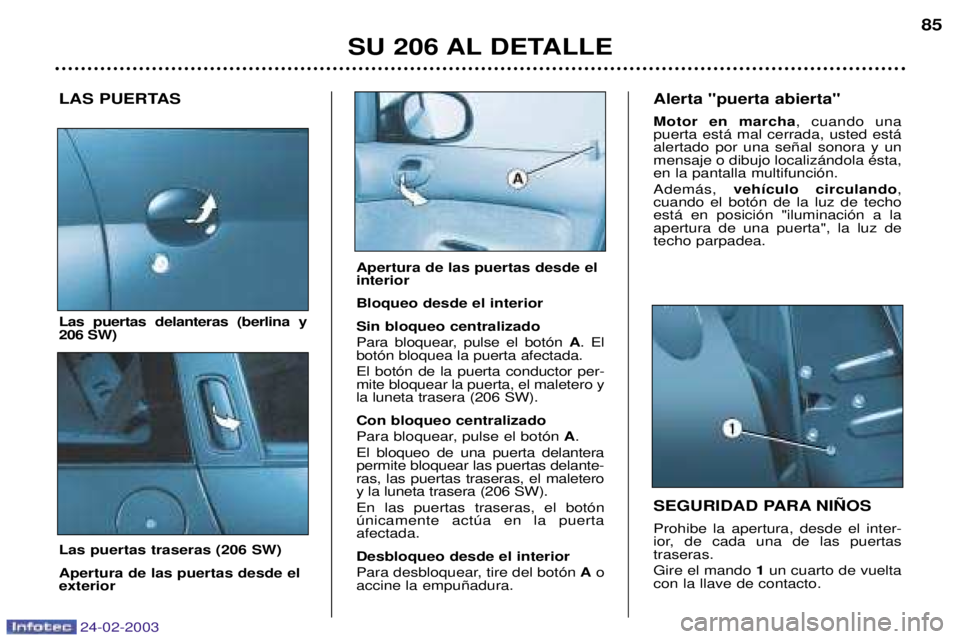 PEUGEOT 206 2002.5  Manual del propietario (in Spanish) 24-02-2003
SU 206 AL DETALLE85
LAS PUERTAS Las puertas delanteras (berlina y 206 SW) Las puertas traseras (206 SW) Apertura de las puertas desde el exterior SEGURIDAD PARA NI„OS Prohibe la apertura,