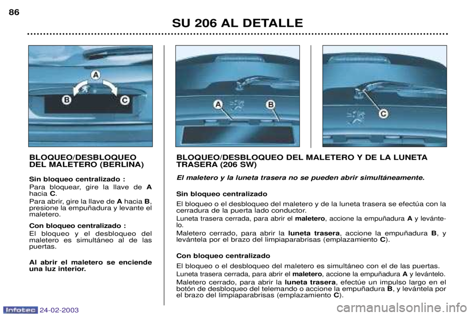 PEUGEOT 206 2002.5  Manual del propietario (in Spanish) 24-02-2003
SU 206 AL DETALLE
86
BLOQUEO/DESBLOQUEO 
DEL MALETERO (BERLINA) Sin bloqueo centralizado : 
Para bloquear, gire la llave de  A
hacia  C.
Para abrir, gire la llave de  Ahacia  B,
presione la