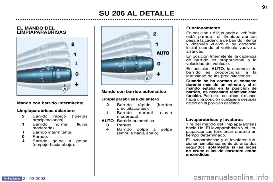 PEUGEOT 206 2002.5  Manual del propietario (in Spanish) 24-02-2003
SU 206 AL DETALLE91
Mando con barrido intermitente Limpiaparabrisas delantero 2 Barrido r‡pido (fuertes precipitaciones).
1 Barrido normal (lluviamoderada).
I Barrido intermitente.
0 Para