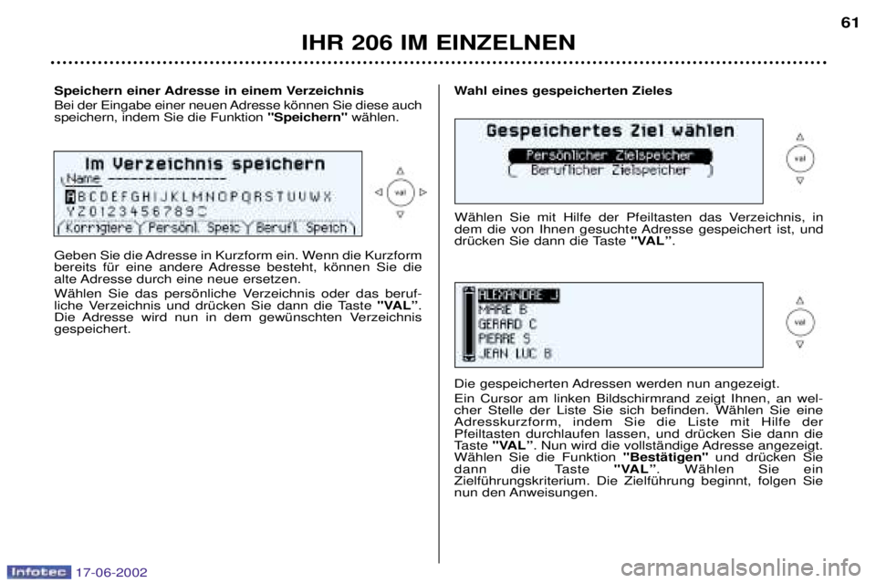 PEUGEOT 206 2002  Betriebsanleitungen (in German) IHR 206 IM EINZELNEN61
Speichern einer Adresse in einem Verzeichnis 
Bei der Eingabe einer neuen Adresse kšnnen Sie diese auch speichern, indem Sie die Funktion 
"Speichern"wŠhlen.Wahl eines gespeic