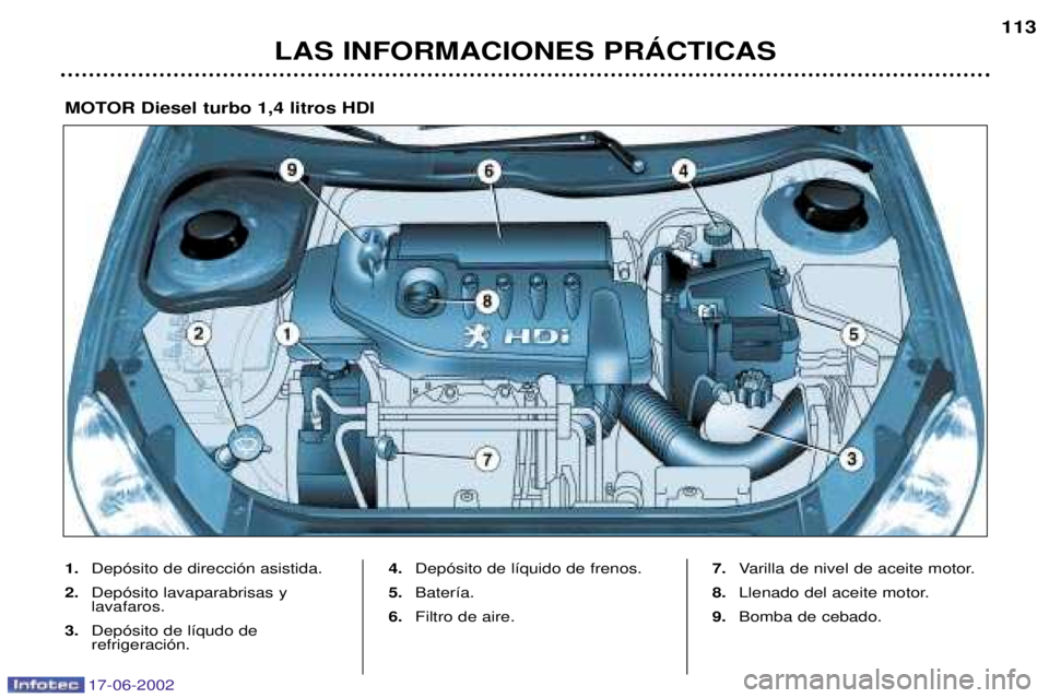 PEUGEOT 206 2002  Manual del propietario (in Spanish) 17-06-2002
LAS INFORMACIONES PRçCTICAS113
1.
Dep—sito de direcci—n asistida.
2. Dep—sito lavaparabrisas y lavafaros.
3. Dep—sito de l’qudo derefrigeraci—n. 4.
Dep—sito de l’quido de f