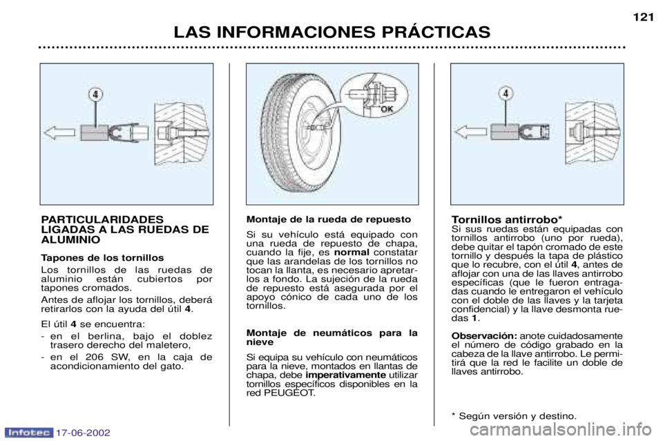 PEUGEOT 206 2002 Manual del propietario (in Spanish) 17-06-2002
LAS INFORMACIONES PRçCTICAS121
PARTICULARIDADES
LIGADAS A LAS RUEDAS DEALUMINIO
Tapones de los tornillos Los tornillos de las ruedas de aluminio est‡n cubiertos portapones cromados. PEUGEOT 206 2002 Manual del propietario (in Spanish) 17-06-2002
LAS INFORMACIONES PRçCTICAS121
PARTICULARIDADES
LIGADAS A LAS RUEDAS DEALUMINIO
Tapones de los tornillos Los tornillos de las ruedas de aluminio est‡n cubiertos portapones cromados.