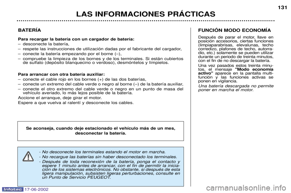 PEUGEOT 206 2002 Manual del propietario (in Spanish) 17-06-2002
LAS INFORMACIONES PRçCTICAS131
BATERêA Para recargar la bater’a con un cargador de bater’a:
Ð desconecte la bater’a,
Ð respete las instrucciones de utilizaci—n dadas por el fab PEUGEOT 206 2002 Manual del propietario (in Spanish) 17-06-2002
LAS INFORMACIONES PRçCTICAS131
BATERêA Para recargar la bater’a con un cargador de bater’a:
Ð desconecte la bater’a,
Ð respete las instrucciones de utilizaci—n dadas por el fab