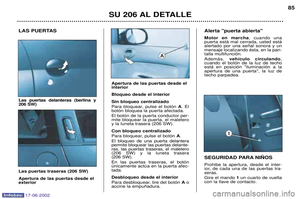 PEUGEOT 206 2002  Manual del propietario (in Spanish) 17-06-2002
SU 206 AL DETALLE85
LAS PUERTAS Las puertas delanteras (berlina y 206 SW) Las puertas traseras (206 SW) Apertura de las puertas desde el exterior SEGURIDAD PARA NI„OS Prohibe la apertura,