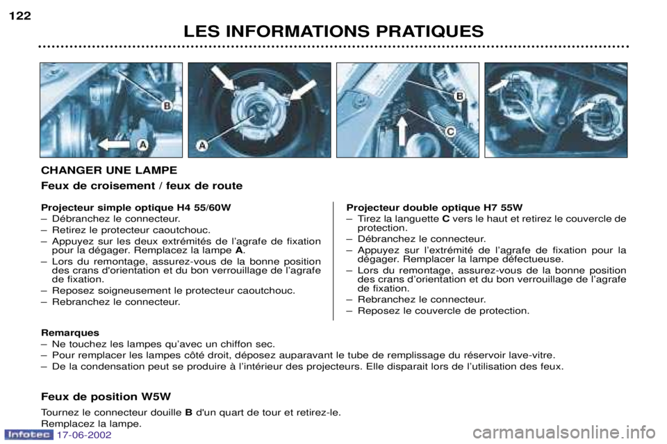 PEUGEOT 206 2002 Manuel du propriétaire (in French) LES INFORMATIONS PRATIQUES
122
Feux de position W5W
Tournez le connecteur douille
Bdun quart de tour et retirez-le.
Remplacez la lampe.
Projecteur simple optique H4 55/60W
Ð DŽbranchez le connec PEUGEOT 206 2002 Manuel du propriétaire (in French) LES INFORMATIONS PRATIQUES
122
Feux de position W5W
Tournez le connecteur douille
Bdun quart de tour et retirez-le.
Remplacez la lampe.
Projecteur simple optique H4 55/60W
Ð DŽbranchez le connec